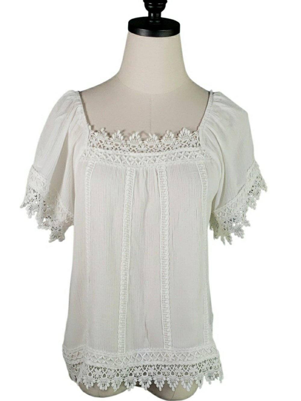 American Rag White Crochet-Trim Square Neck Top Gauze S Fairy Cottage Boho-Chic